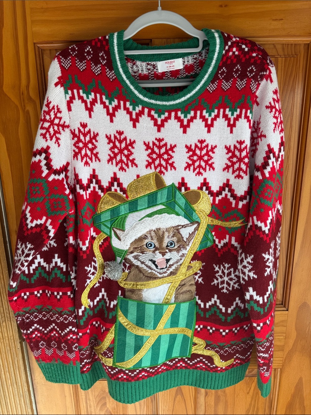 Festive Red & White Men’s Holiday Sweater with Kitten Gift Motif
